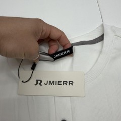 JMIERR Shirt Mens Medium White Henley Tee Ribbed Knit Stretch Curved Hem