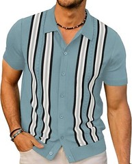 Mens Vintage Striped Knitted Polo Shirt Short Sleeve Button Down Golf Casual Top