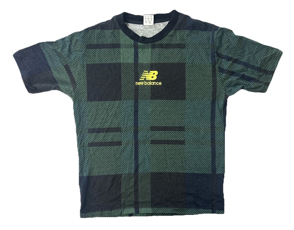 New Balance Shirt Mens Small Green Plaid Short Sleeve Athletic Tee Graphic