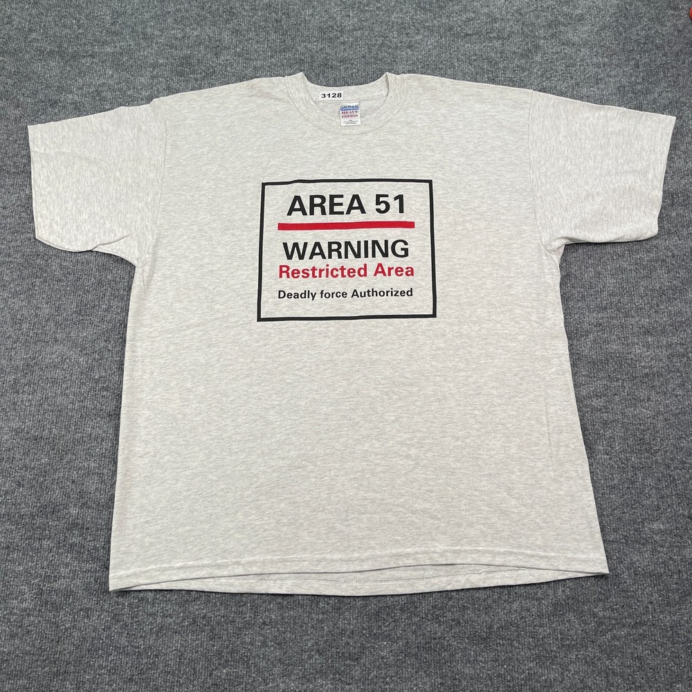 Vintage Y2K Warning Area 51 Alien UFO Shirt 2XL 26×30 Heathered Gray