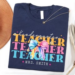 Personalized Kindergarten Teacher Shirt Custom Name Bow Back to School Gift Tee