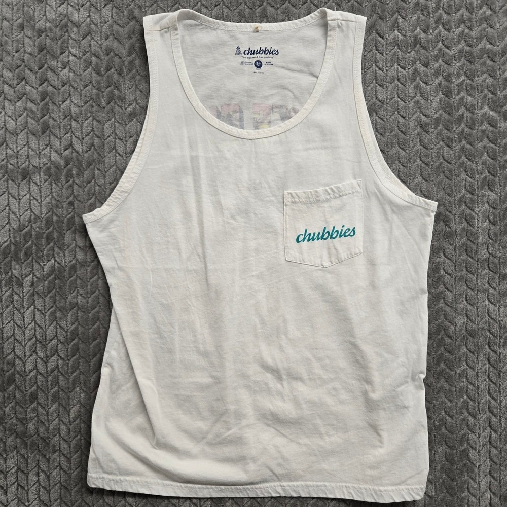 Chubbies Mens White “Sky’s Out Thigh’s Out” Graphic Tank Top Large Tropical
