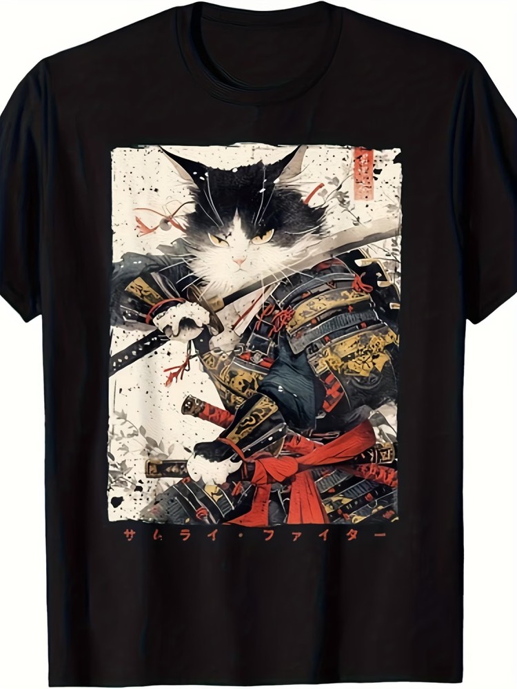 Samurai Cat Warrior Ukiyo-e Ink Art T-Shirt – History & Manga Fans – Unisex 180g
