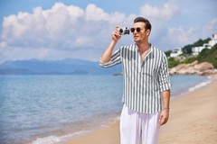 Men’s Cotton Hemp Long Sleeve Casual Beach Henley Shirt (Grey Blue Stripe,L)