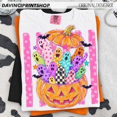 Preppy Stay Spooky Tshirt Colorful Ghost Pumpkin Coquette Halloween Shirt