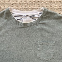 Denim & Flower Light Green White Stripe Contrasting Trim Beach Casual Men’s L