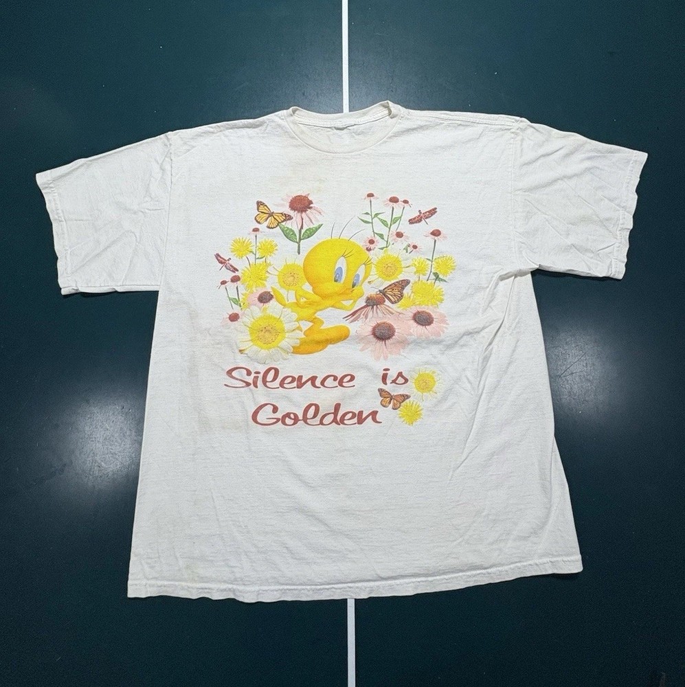 Vintage 90s Looney Tunes Tweety Bird T Shirt XL White Double Sided Flowers