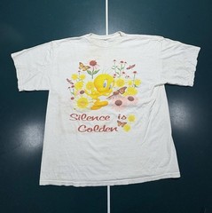 Vintage 90s Looney Tunes Tweety Bird T Shirt XL White Double Sided Flowers