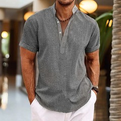 2023 Men’s Casual Short Sleeve Cotton Linen Shirts Streetwear Pure Color