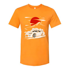 Toyota GR86 Unisex T Shirt With Drift Car Graphic Under Red Sun And Mountain Sce