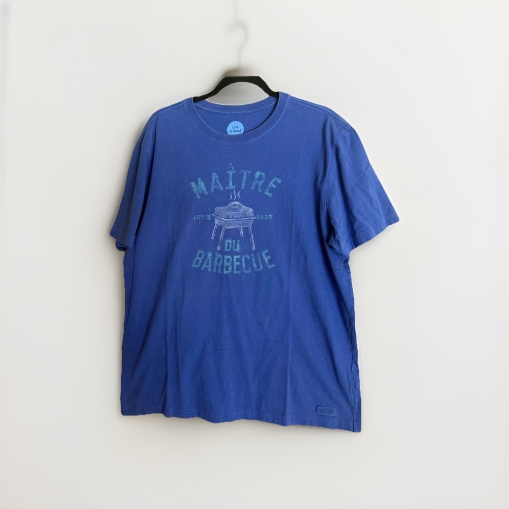 Life Is Good BBQ Graphic T-Shirt “Maitre Du Barbecue” Blue Men’s L Grill Summer