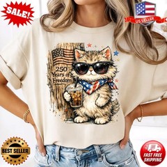 250 Years Freedom Cat T-Shirt, Patriotic USA Cat Day T-Shirt S-5XL