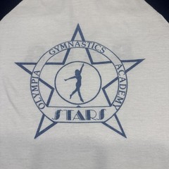 VTG 80s Olympia Gymnastics Academy SIZE SMALL Blue Raglan White Shirt T-Plus Tag