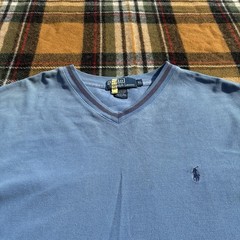 Vintage 90s Polo Ralph Lauren V Neck T Shirt Blue Mens XL Made In USA Old Money