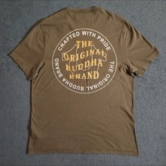 True Religion T Shirt Mens L Khaki Brown Wavy Buddha Logo Gold Graphic Print S/S