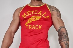 MESH RED TANK TOP WITH GOLD TRIM “METCALF TRACK” MEDIUM