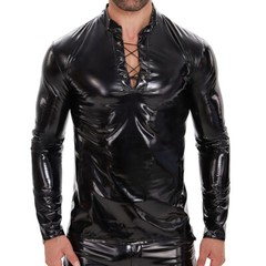 Men Slim Lace-Up Tops Long Sleeve PVC Leather T-Shirts Wet Look Latex Club Tees