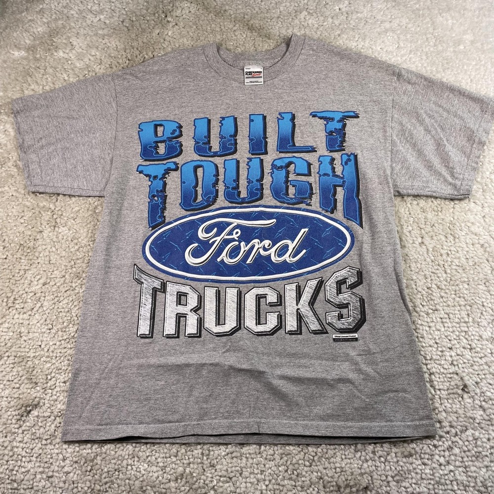 Vtg Ford Trucks Shirt Mens Large Gray Built Tough Graphic Checkered Flag Sports