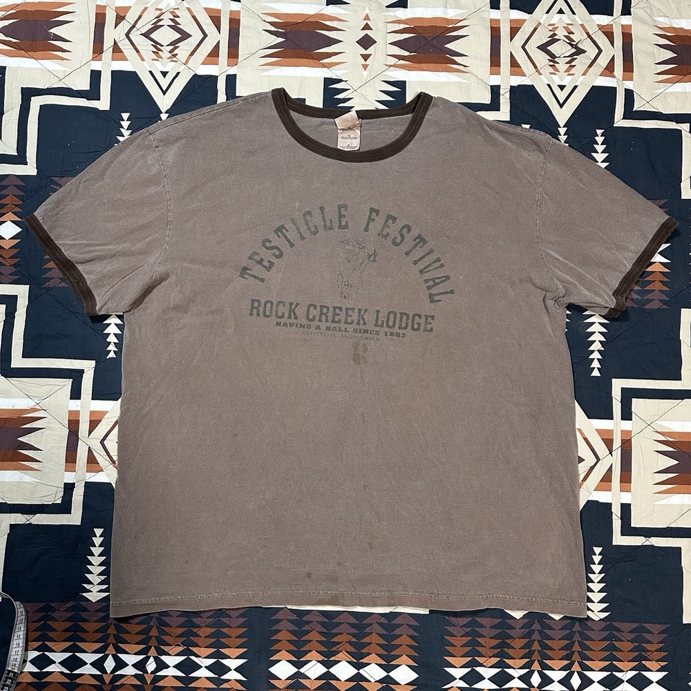 Testicle Festival Rock Creek Lodge Montana Short Sleeve Brown Tee Size XL