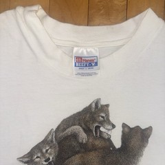 Vintage Hanes Beefy T Grey Wolf Puppies Wildlife Graphic T Shirt White Adult L