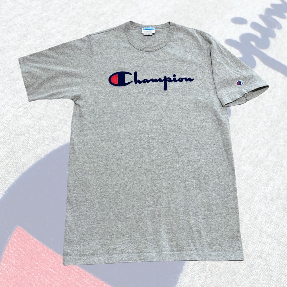 Vintage Champion Logo Classic Grey Shirt Flocked Felt Shirt Size Large