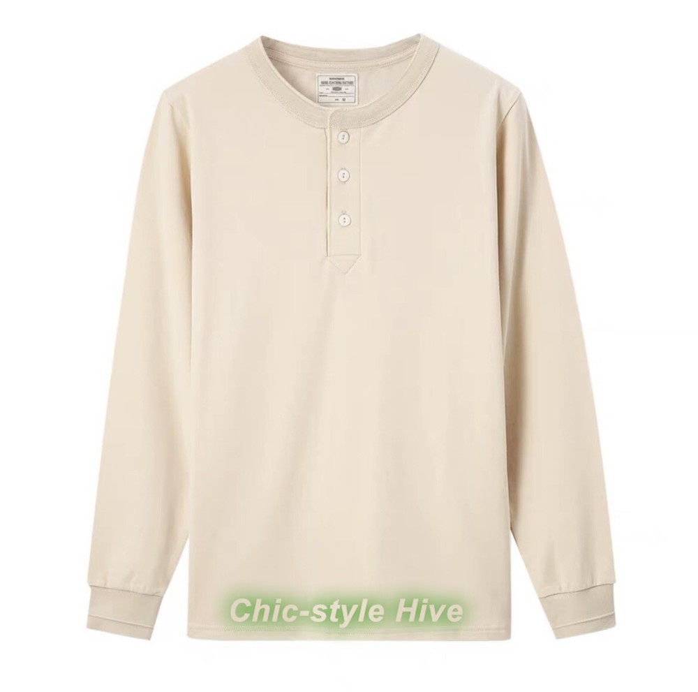 Men’s Long Sleeve Shirts Soild Color Heavy Cotton Retro Casual T-Shirts Tops