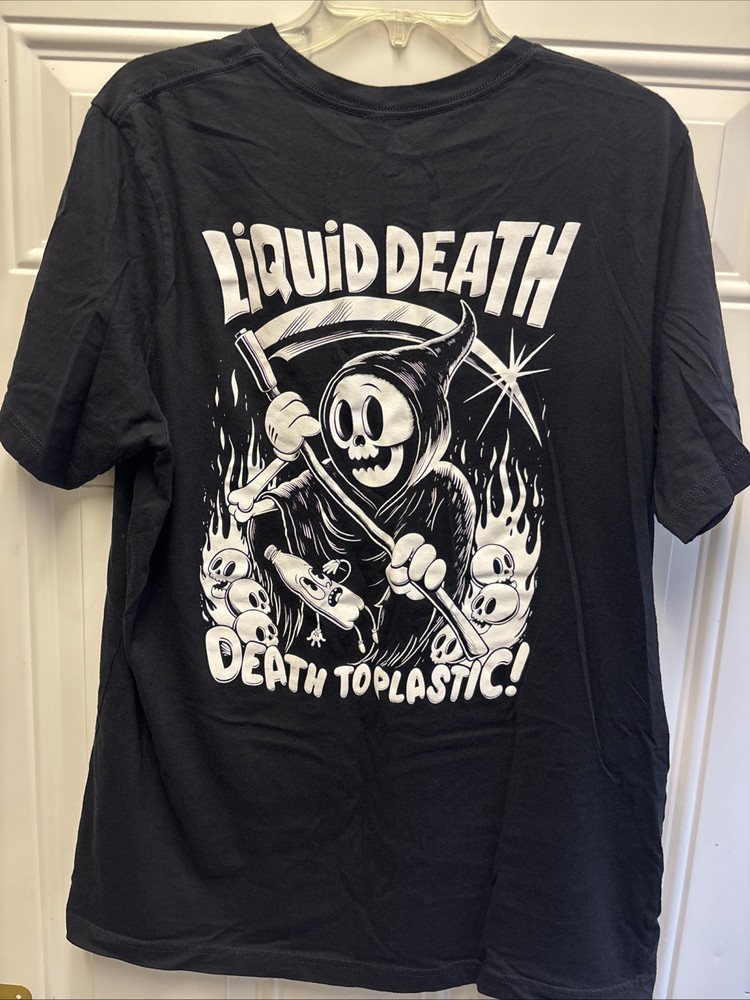 Liquid Death “Bottle Slaughter” / Death to Plastic Grim Reaper Black Tee – XL