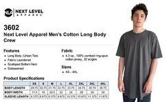 NEW Next Level Men’s 100% Cotton Long Body Crewneck T-Shirt M-3602
