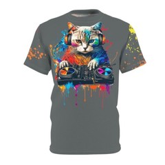 Dark Gray Unisex Cut & Sew Tee (AOP) – Cat DJ, Paint Splatter