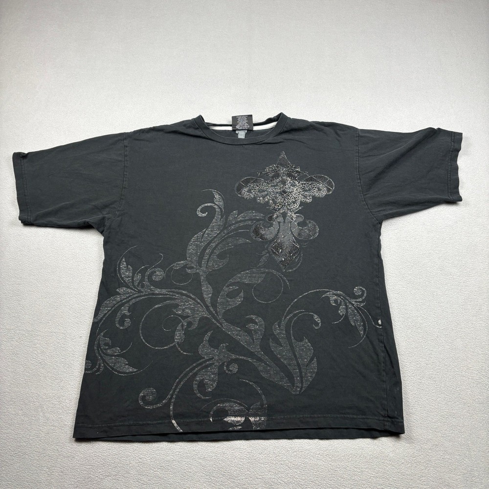 Mecca USA Mens Black Silver Foil Fleur De Lis Graphic T-Shirt Large Y2K Urban