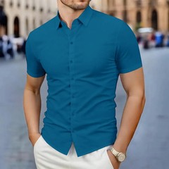 Men Shirt Short Sleeve Solid Color Business Casual Summer Wrinkle Free Top Soft