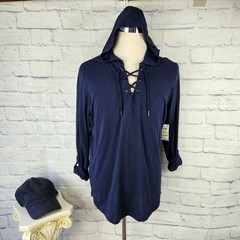 NWT INC International Concepts Men Size M Blue Tab Sleeve Lace Up Hooded T-Shirt