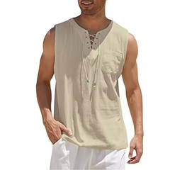 Mens Cotton Linen Sleeveless Shirt Casual Lace Up Tank Top Summer Beach Vest New