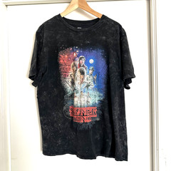Stranger Things Graphic Tee – Black Bleach Wash, Cracked Worn-In Look