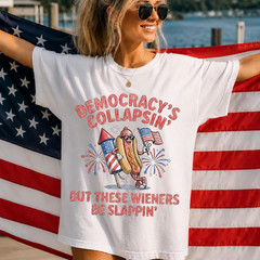 Democracy Collapsing Wieners Slappin T-Shirt Funny 4th of July Hot Dog Tee