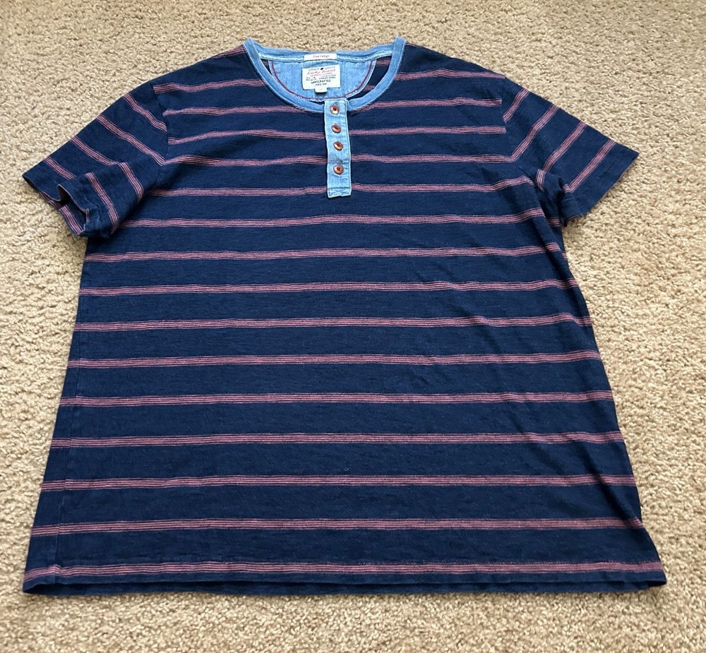 Lucky Brand Henley Shirt Mens XL True Indigo Blue Striped Short Sleeve