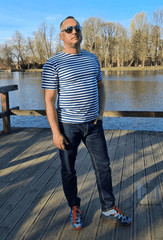 Striped TShirt Light Blue Short Sleeved Original Telnyashka Тельняшка (L)