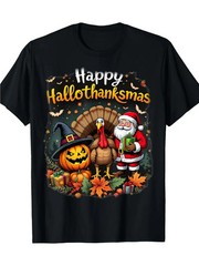 Men’s Halloween Thanksgiving Christmas Triple Holiday T-Shirt – Black Happy HALL