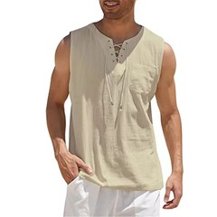 Men’s Cotton Linen Sleeveless Tank Top Retro Lace Up V Neck Summer Shirt
