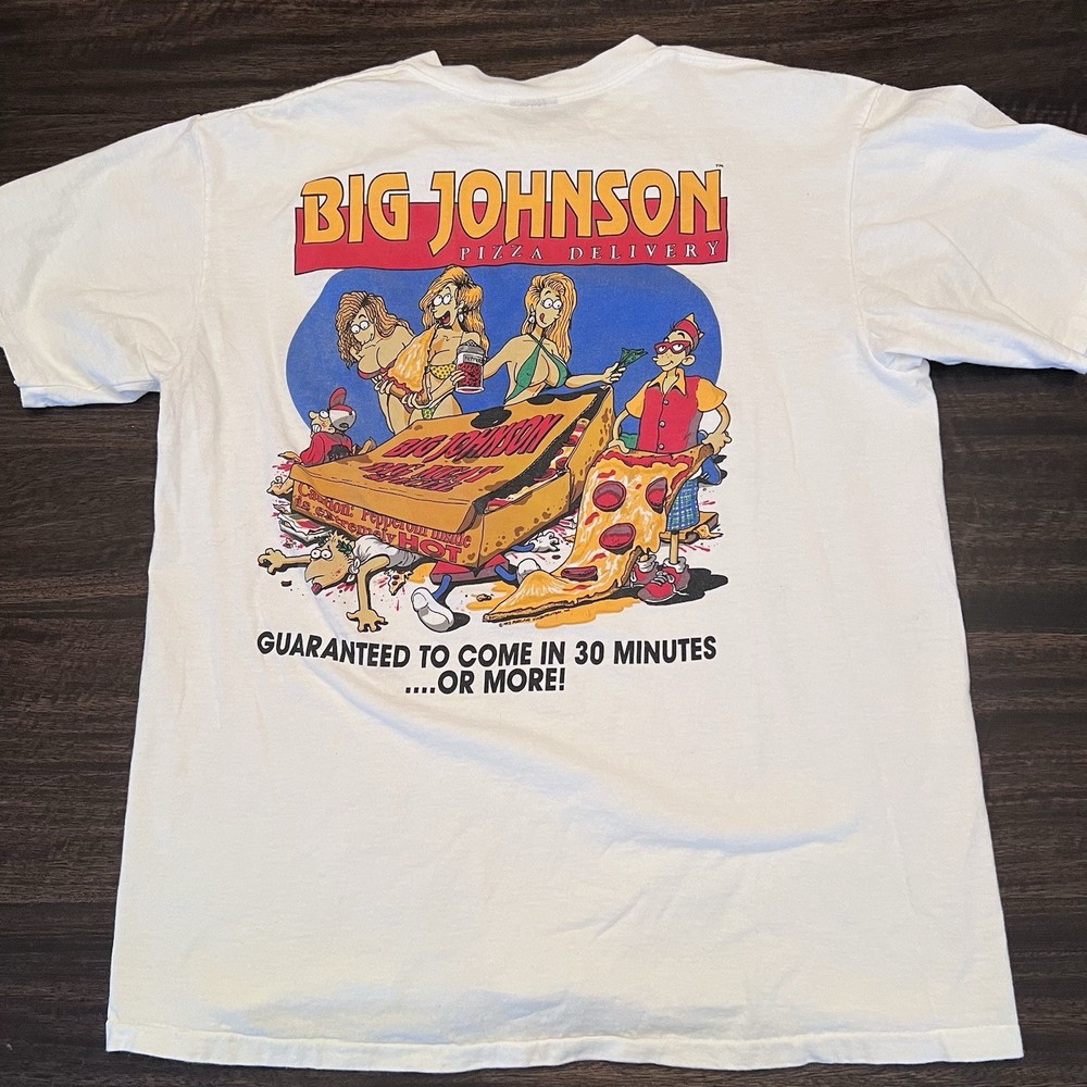 Vintage Big Johnson Shirt Mens L White 90s Funny Parody Pizza Delivery NSFW