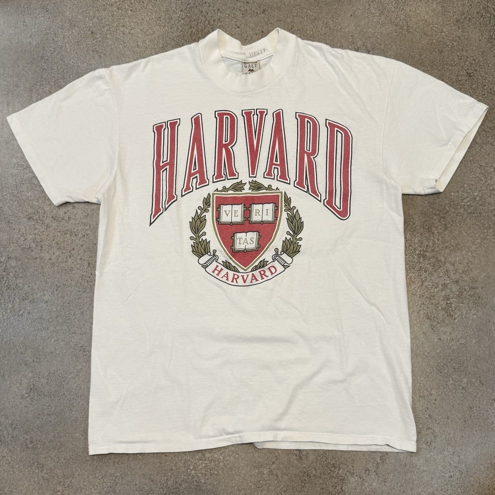 Vintage 90s Harvard University Crest Tee Shirt Fits Large Galt Sand White 1990s