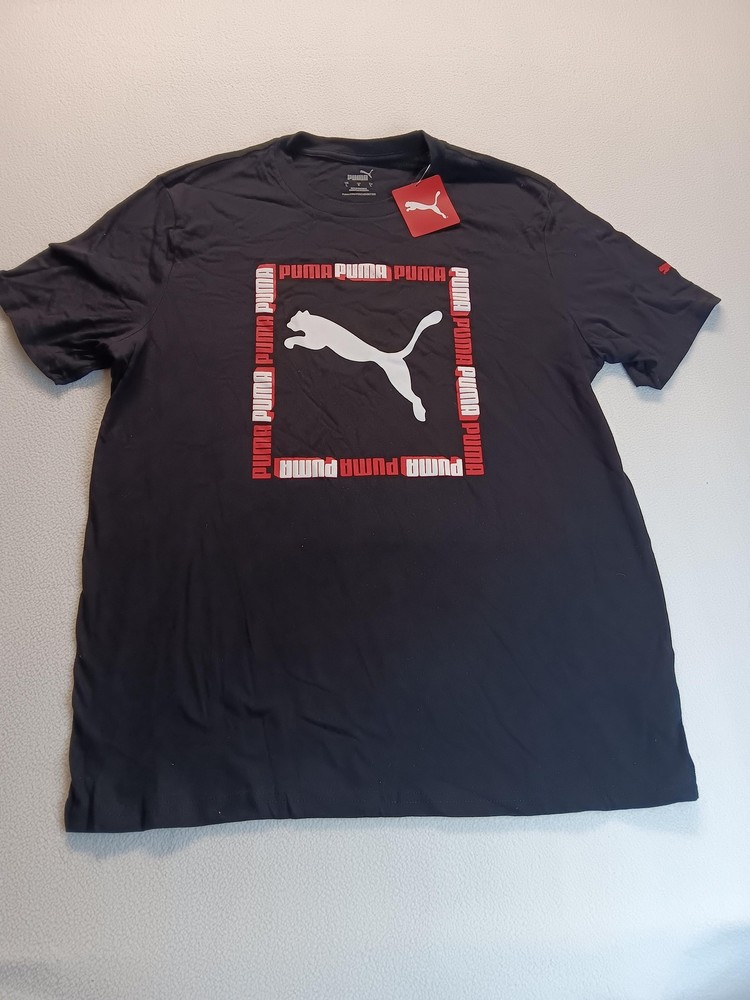 Puma Shirt Mens Large Black Graphic Logo Crew Neck Jersey Casual Tee Top