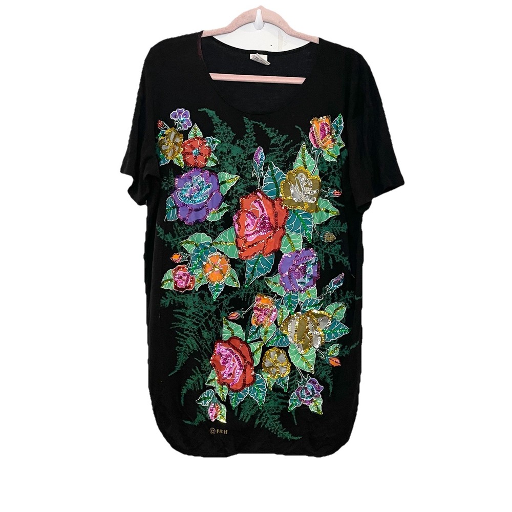 90s 80 Vintage Floral Graphic T Shirt Single Stitch Sequin Hand Made In Bali M