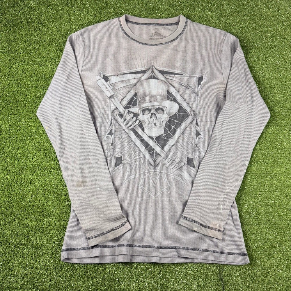 George Mens Skull Top Hat Scythe Graphic Thermal Long Sleeve Shirt Grey Size M
