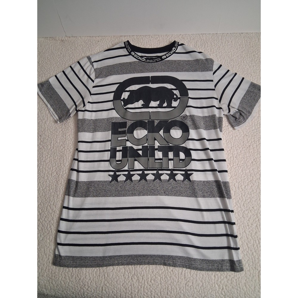 Ecko Unltd Mens T-Shirt Large Grey White Striped RhinoLogo Graphic Crew Neck Tee