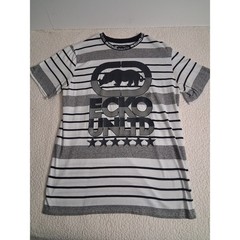 Ecko Unltd Mens T-Shirt Large Grey White Striped RhinoLogo Graphic Crew Neck Tee