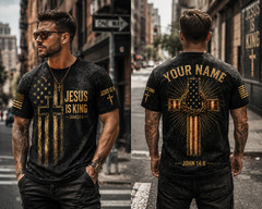 Custom Name Jesus Is King 3D T Shirt American Flag Cross Christian Patriotic Men
