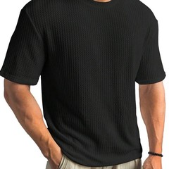 Mens Summer T Shirt Casual Ribbed Crew Neck Short Sleeve Solid Color Tee Top