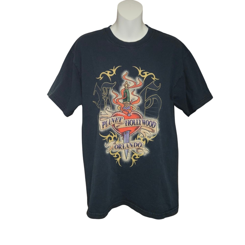 Vintage 1998 Planet Hollywood Orlando T-Shirt M Black Tattoo Dagger Heart Y2K 90