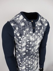 Mens Thremal Henley Navy Blue Faded White Stars Long Sleeve Shirt Slim Fit